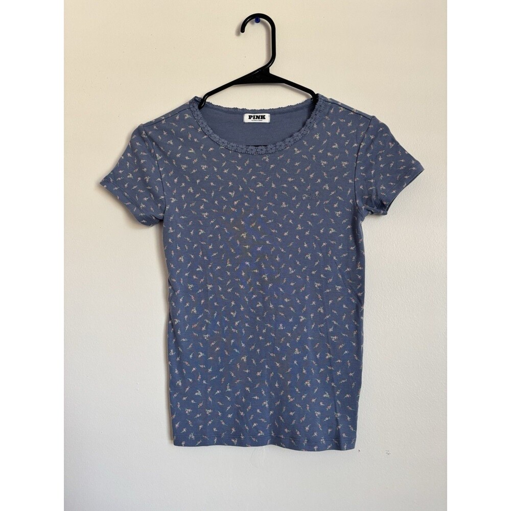 Victoria's Secret PINK Blue Floral Baby Tee Short Sleeve Crochet Lace Trim S